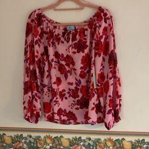 CeCe Floral Long Sleeve Peasant Style Blouse, Size M, Fiery Red, NWT